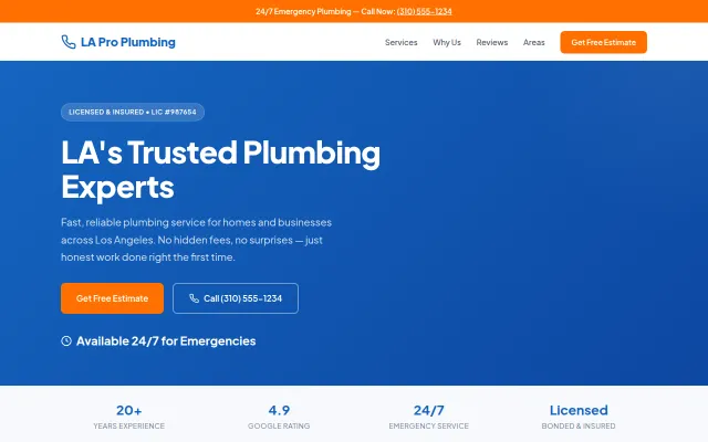 Sample plumber website design by CMMM Studios — LA Pro Plumbing homepage with click-to-call and emergency service banner