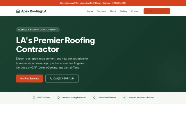 Sample roofing contractor website design by CMMM Studios — Apex Roofing LA homepage with certifications and trust-first layout