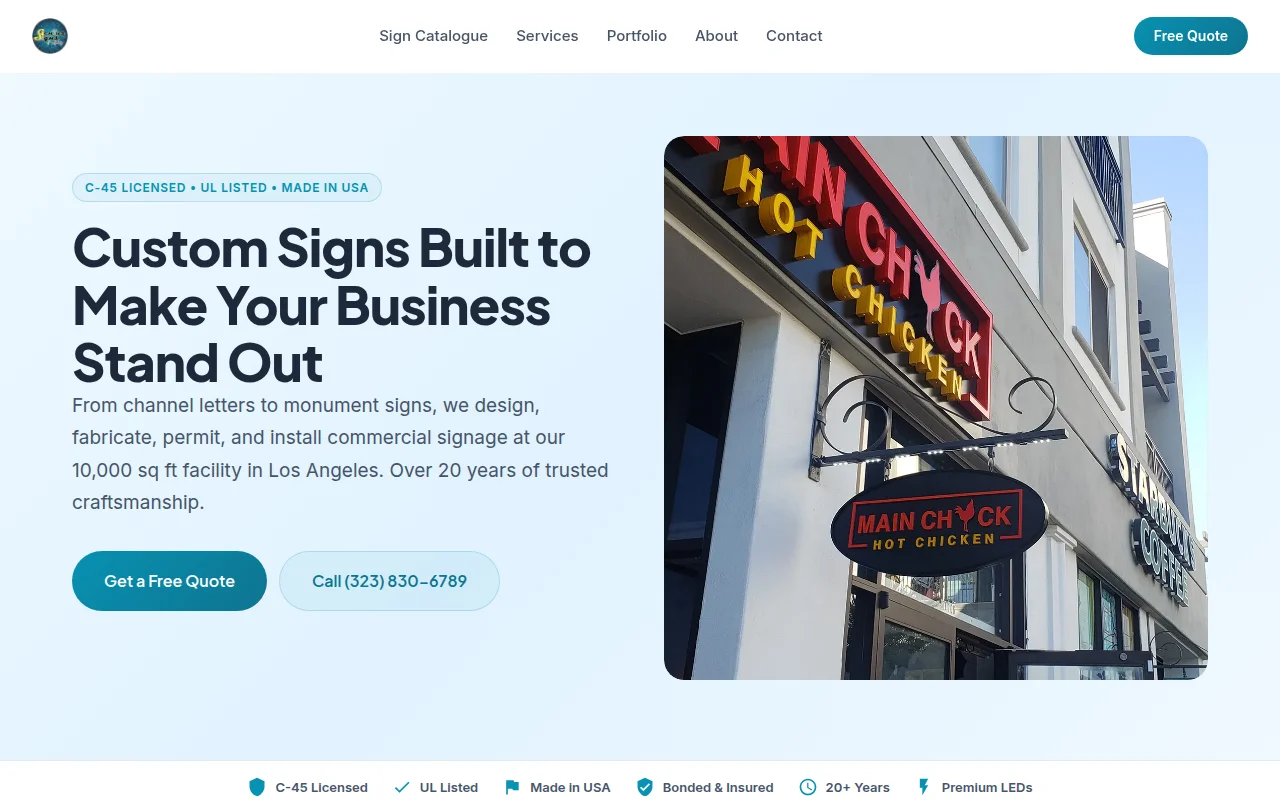 Genius Signs and Lighting Corp — premium website rebuild with storefront channel letter hero, service catalogue, and LA/OC/Riverside coverage